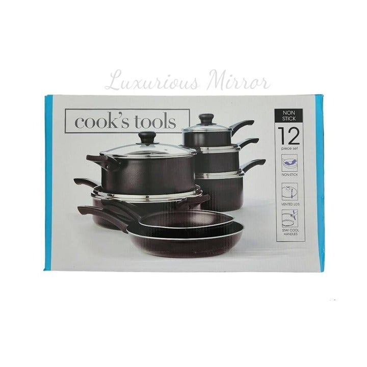 Cooks Tools 12 Piece Pan Set Black Non-Stick Vented Lids Electric Gas New