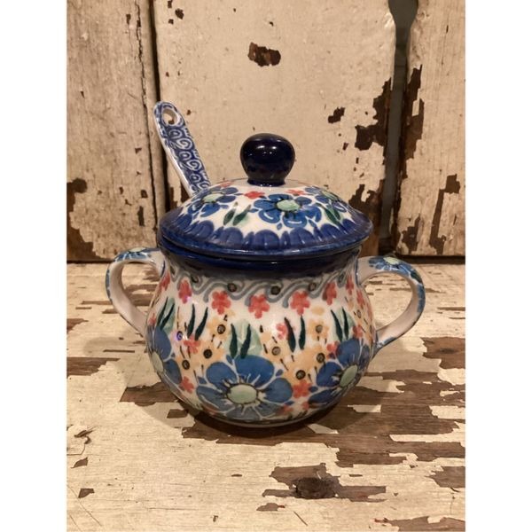 Unikat M Starzyn Polish Sugar Bowl Lid and Spoon Hand Made Painted Pottery