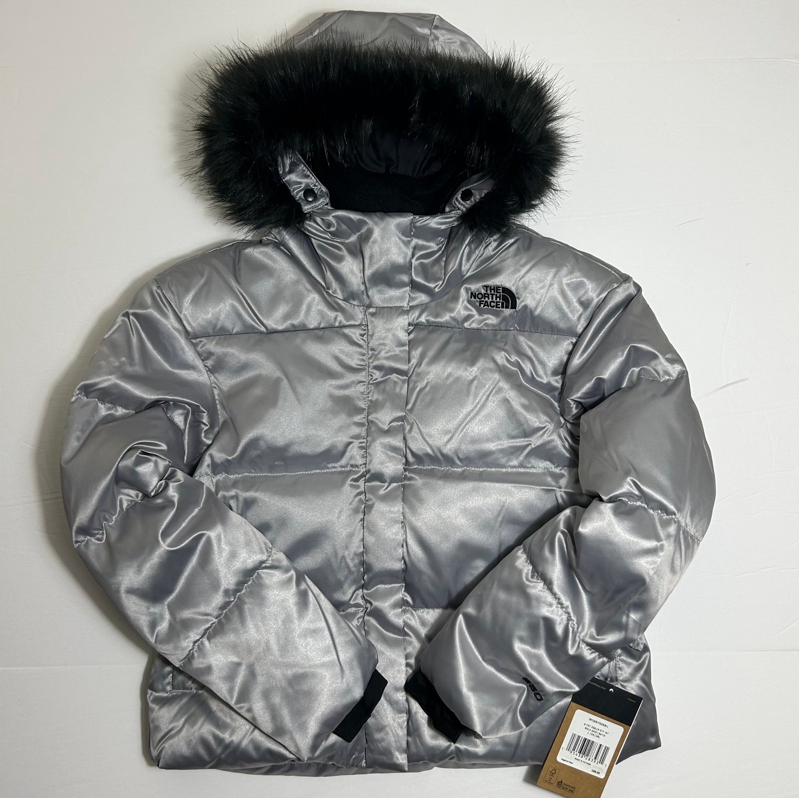 The North Face Girls Print Dealio City Jacket Meld Grey Satin Down Coat L 14/16
