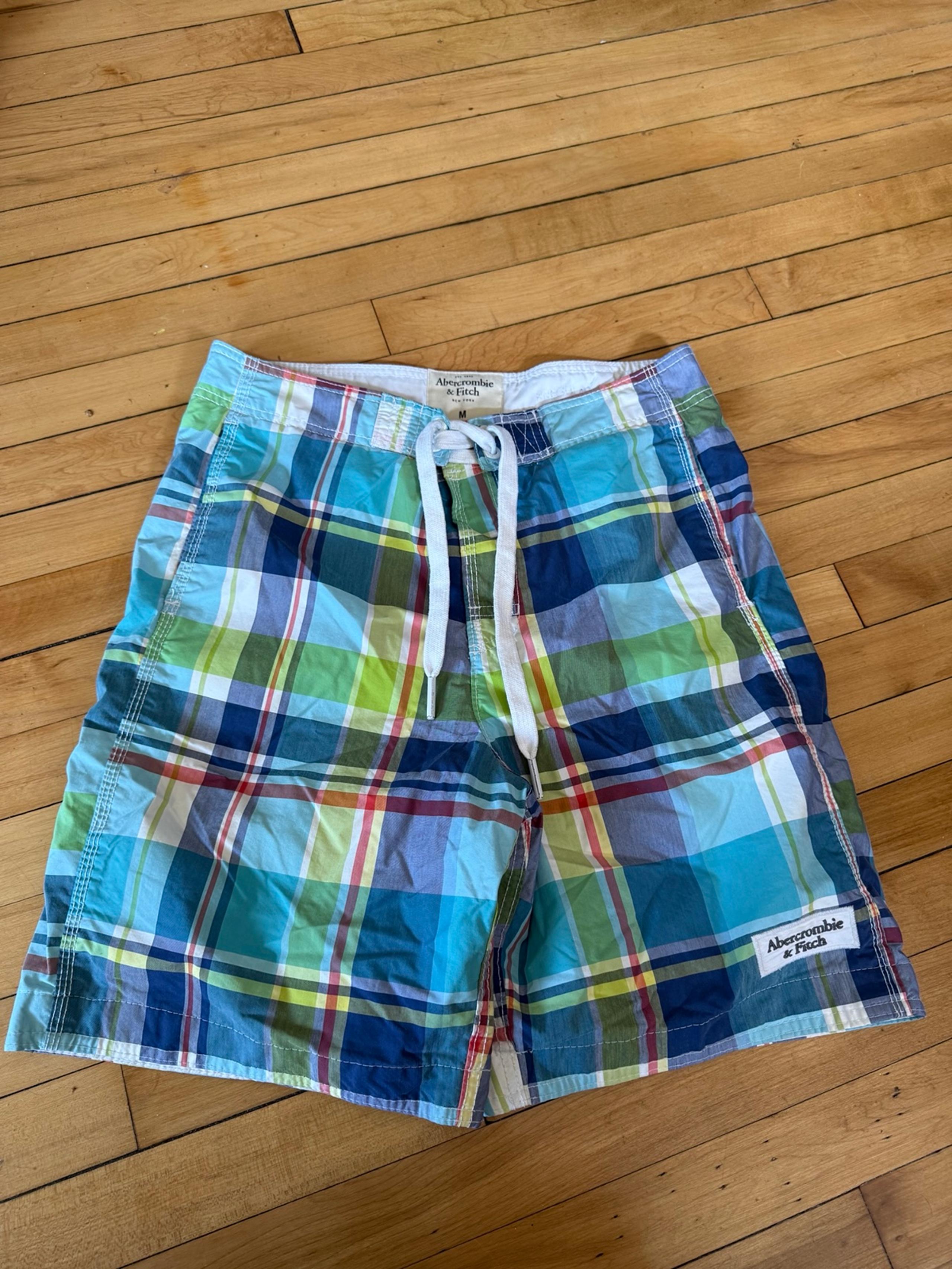 Abercrombie Fitch Board Shorts Men Medium Blue Madras Plaid Lace Up Swim Trunks