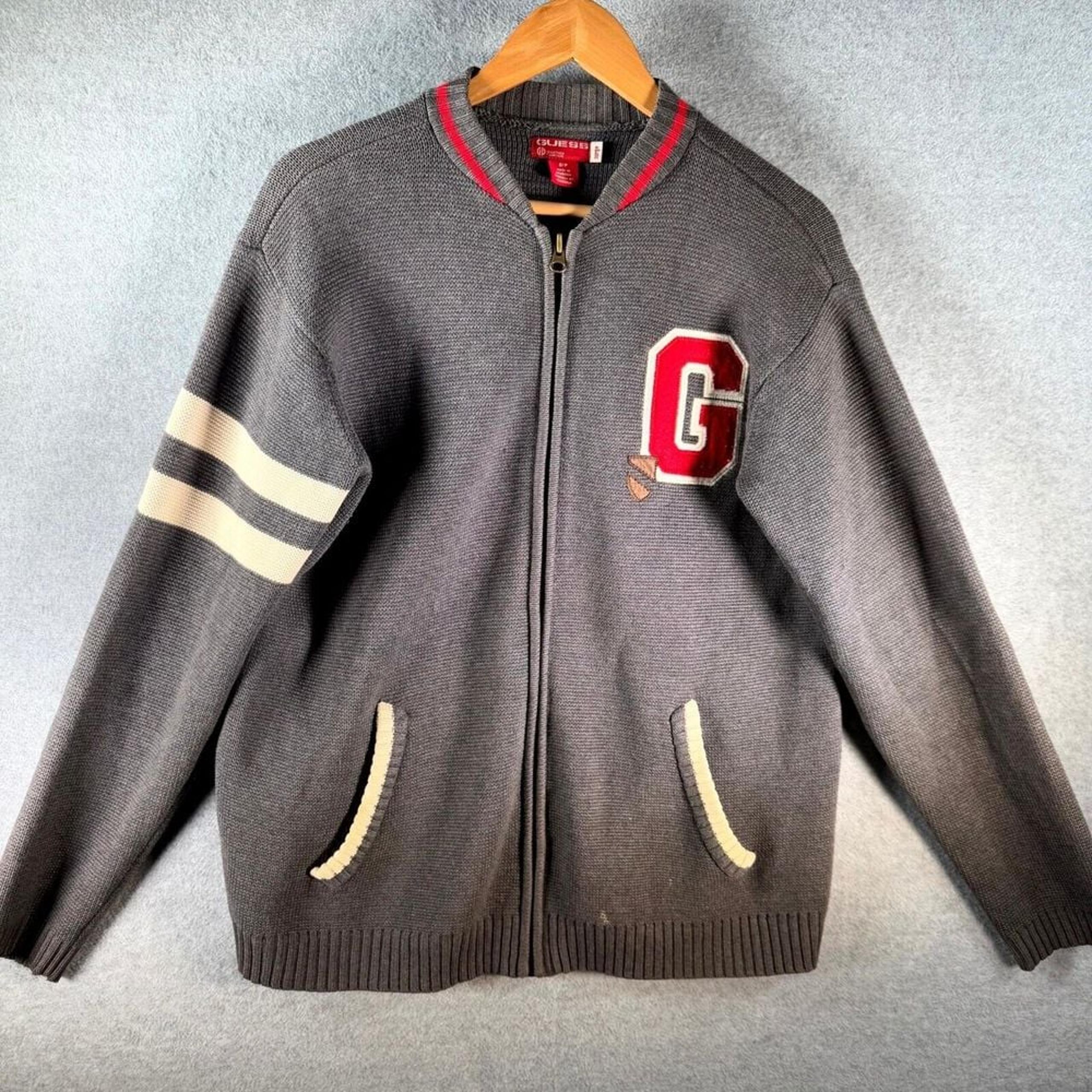 VTG Guess Letterman Cardigan Sweater L Gray Long Sleeve Full Zip Pocket Knitted