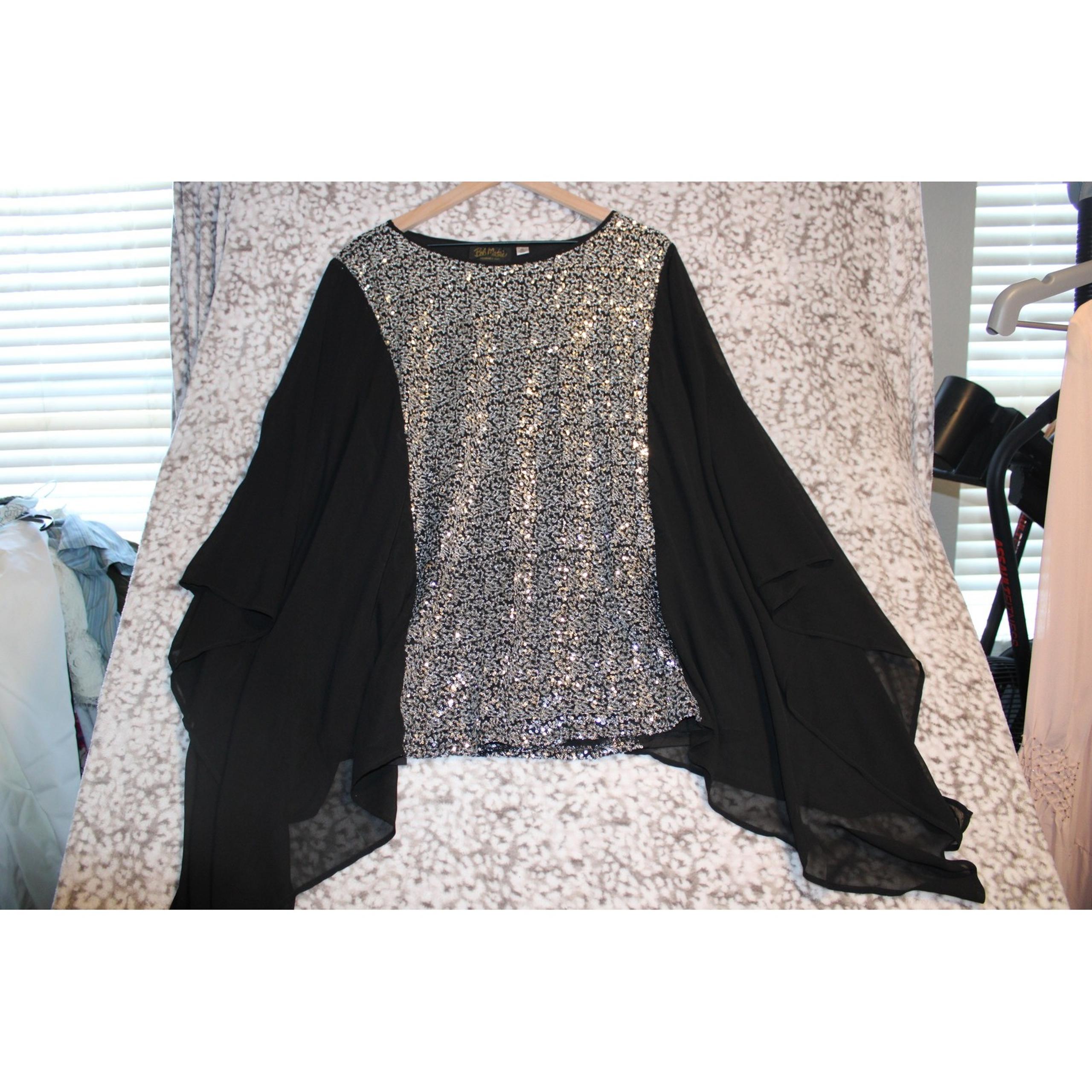 Bob Mackie Wearable Art Top Womens XL Black Silver Sequin Batwing Sleeve Blouse