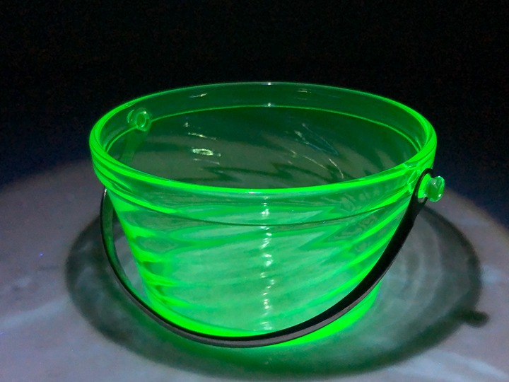 Nearly Antique Fostoria Green Uranium Depression Glass Spiral Optic Cream Bucket