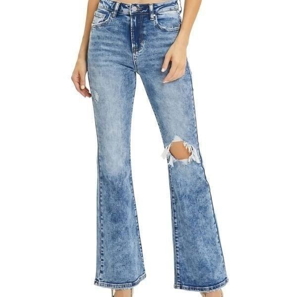 NWT Risen Jeans Women's 31 Blue High Rise Flare Acid Wash Ripped Comfort Stretch