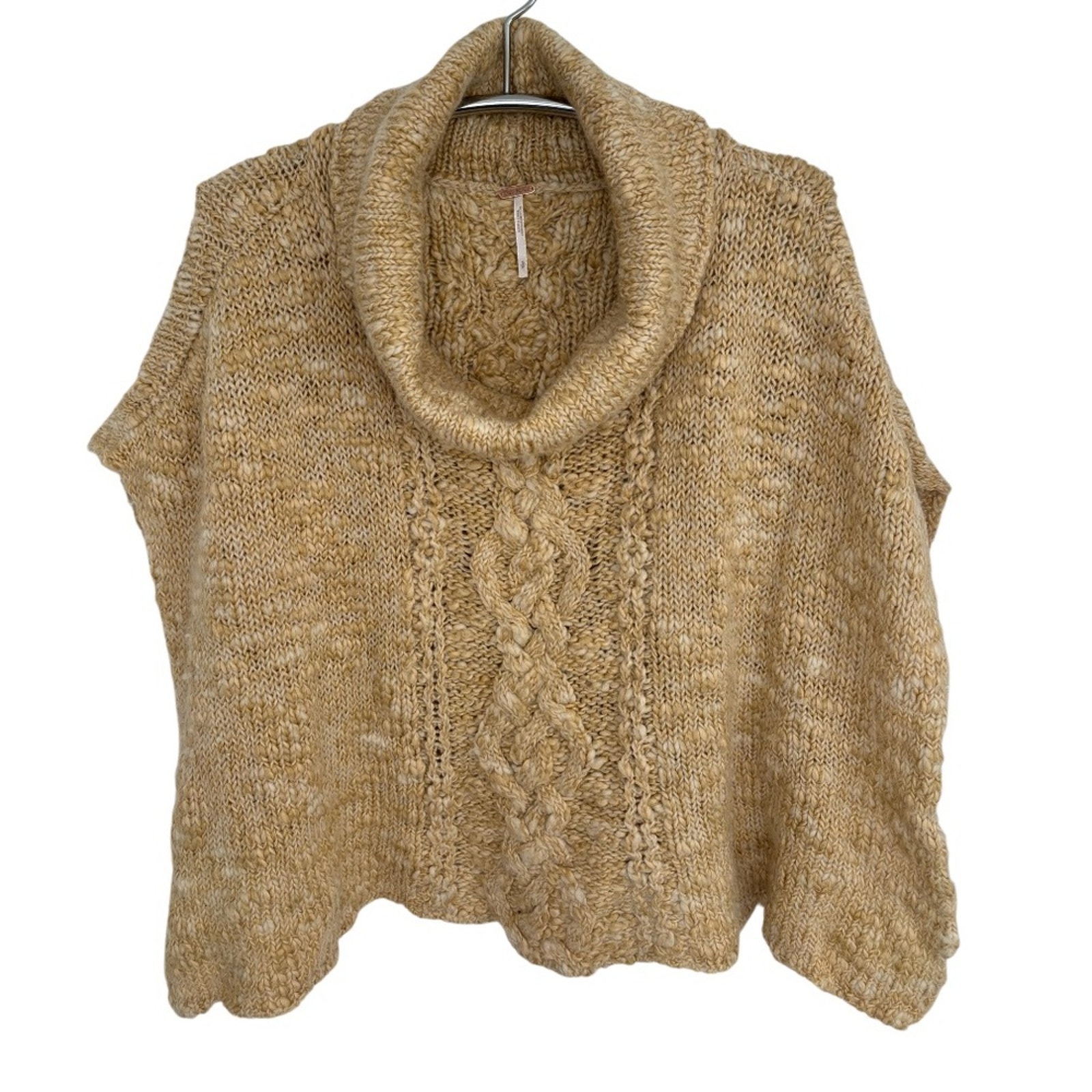 FREE PEOPLE BEIGE CABLE KNIT WOOL BLEND PONCHO CAPE, SIZE SMALL