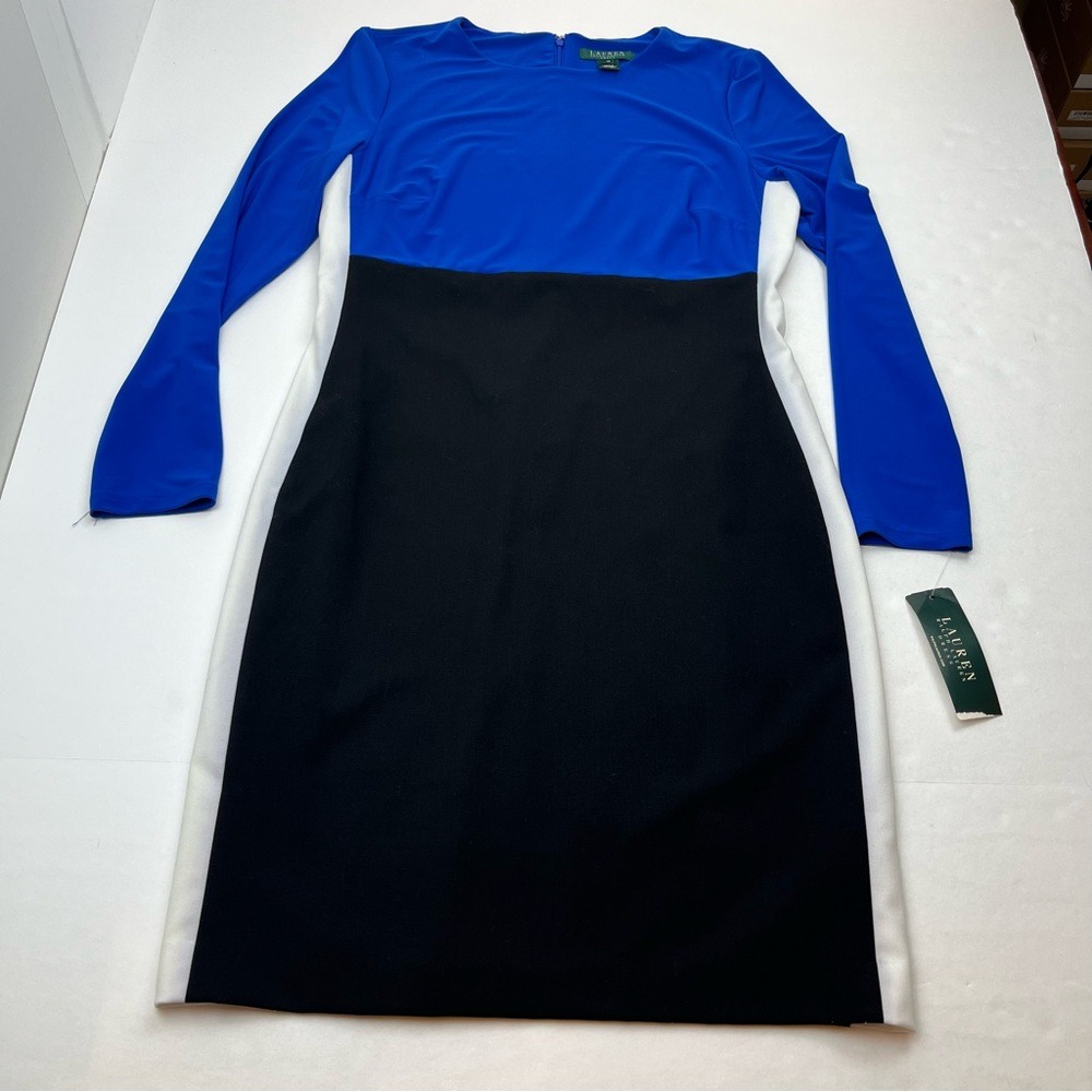 Lauren Ralph Lauren Color Block Blue Black White Long Sleeve Midi Dress 12 NEW
