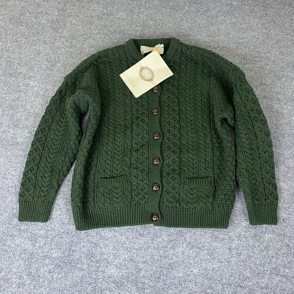 Aran Sweater Market Irish Merino Wool Cable Knit Cardigan Green Womens Large NWT