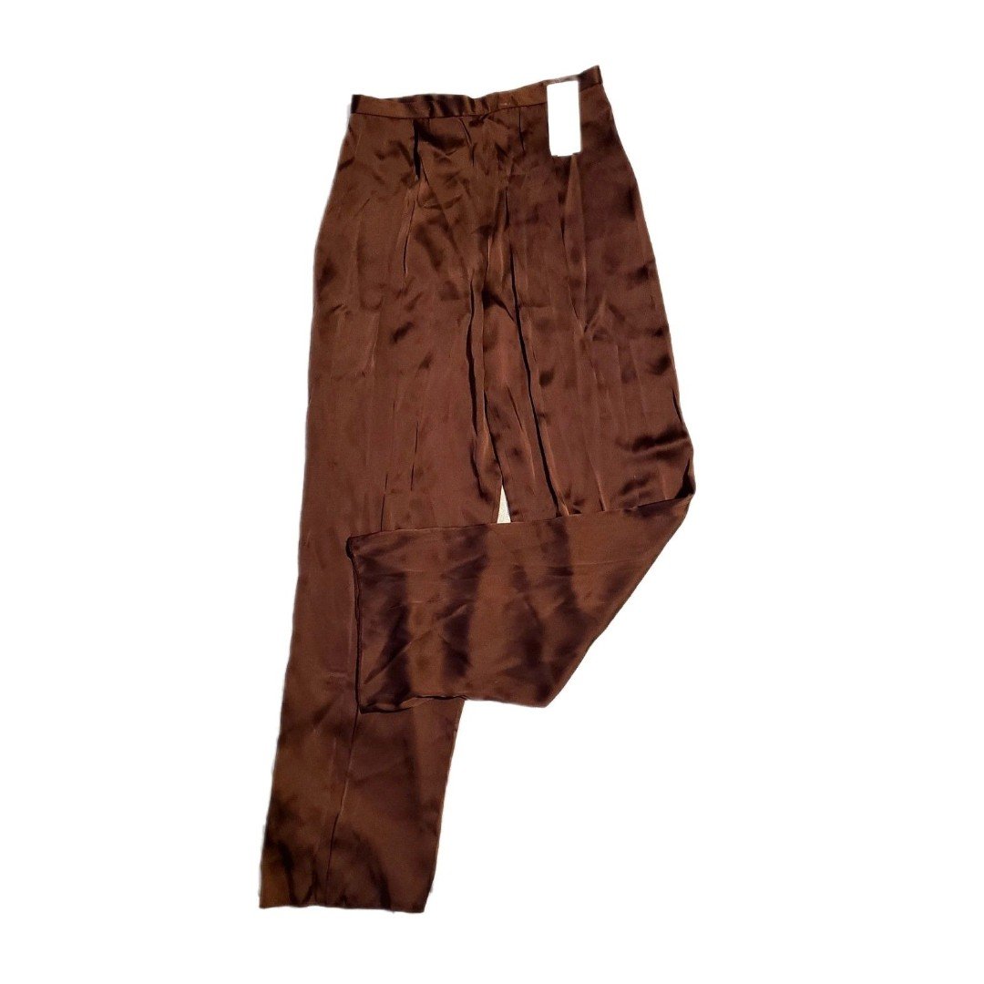 Badgley Mischka NWT 500 Copper Brown 100% Silk Wide Leg Trouser Pants, Size 14