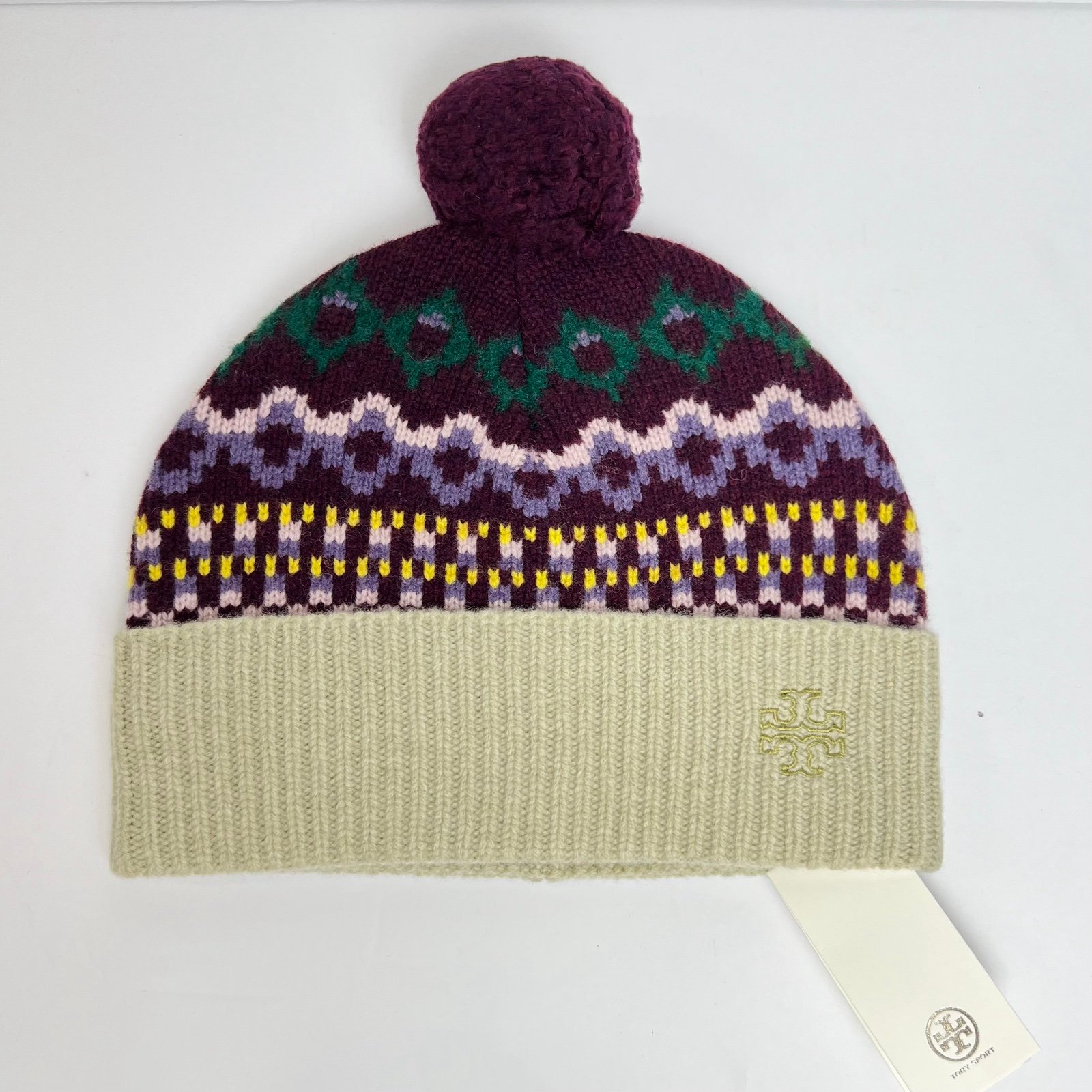 NEW Tory Burch Wintery Fair Isle Hat Merino Wool Pom Pom Beanie Womens OS