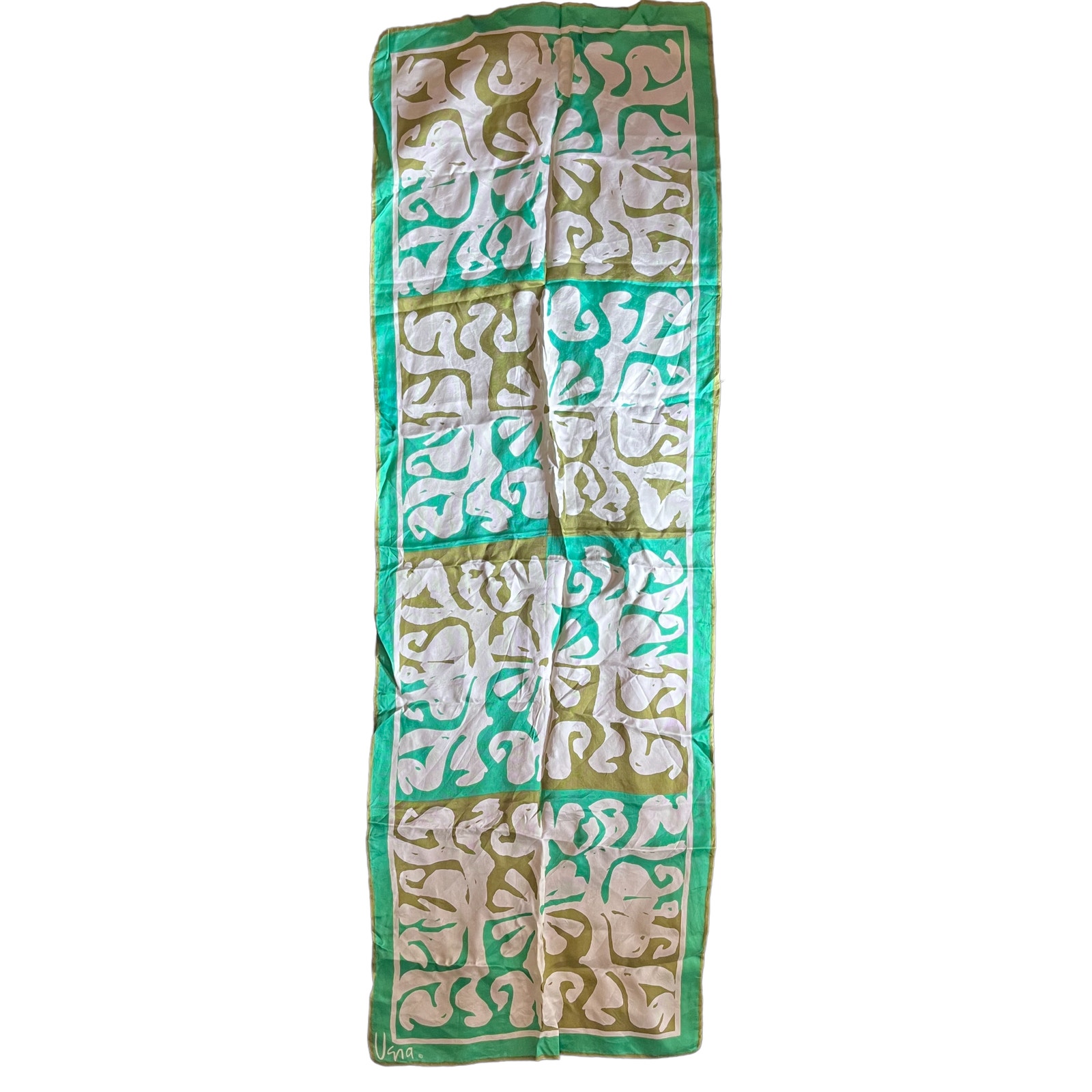Vintage VERA Neumann Scarf ~ Signed ~ Green / Off White