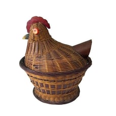Vtg HEN Chinese SHANGHAI HANDICRAFTS Chicken on Nest Basket Wicker Woven Lidded