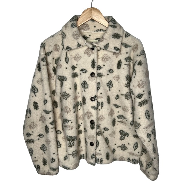 Eddie Bauer Vintage 90's M Button Front Fleece Jacket Leaf Print Cream Green