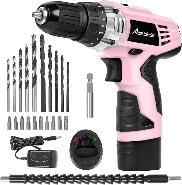 Cordless Drill Pink, 12V Power Drill Set with 22pcs Impact