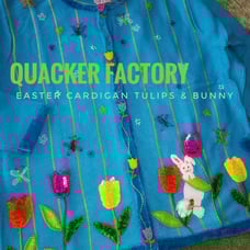 Vintage QUACKER FACTORY bright blue knit cardigan sweater Easter Tulips and Bunn