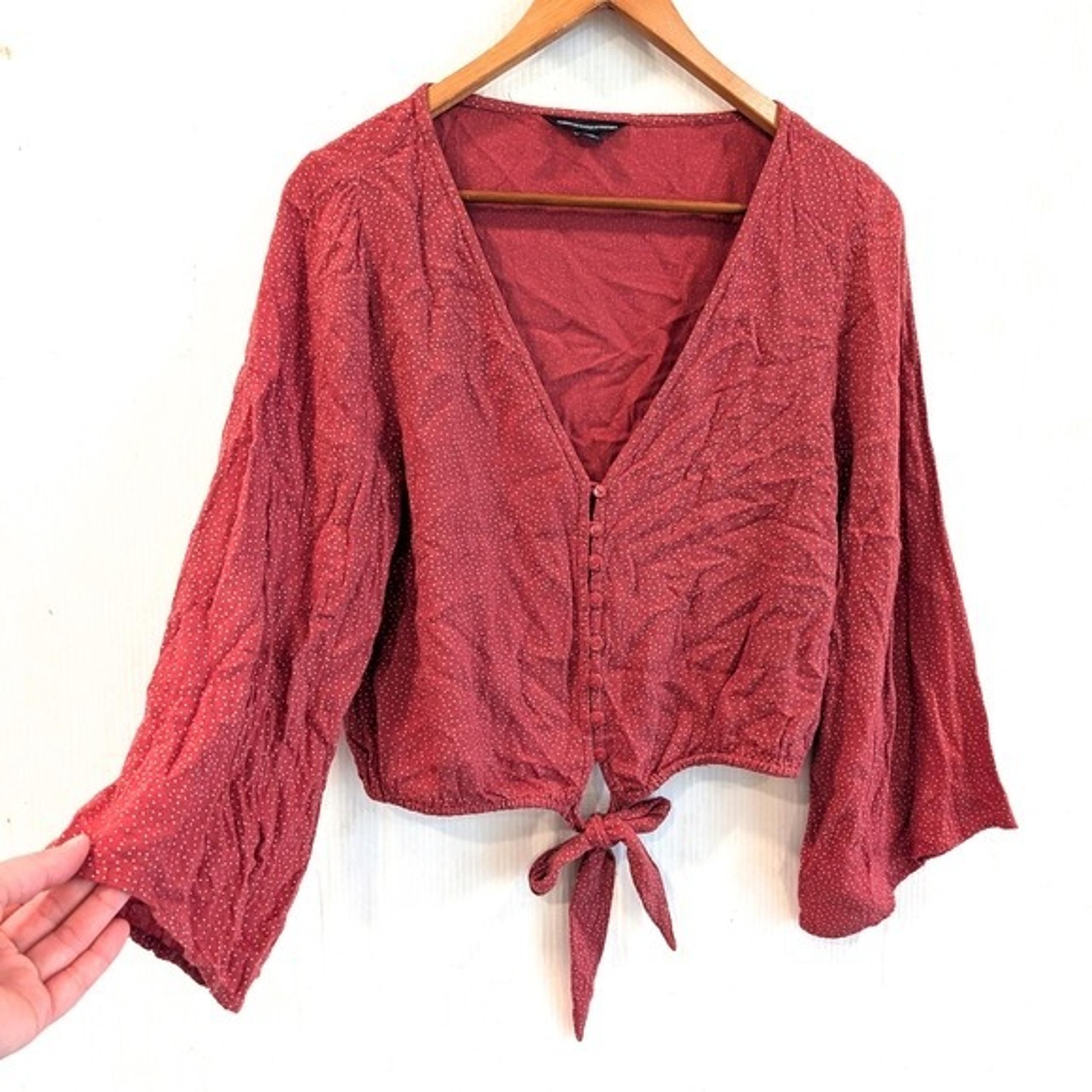 AMERICAN EAGLE Womens Micro Polkadot Button-Down Tie-Front Blouse Top Size Small