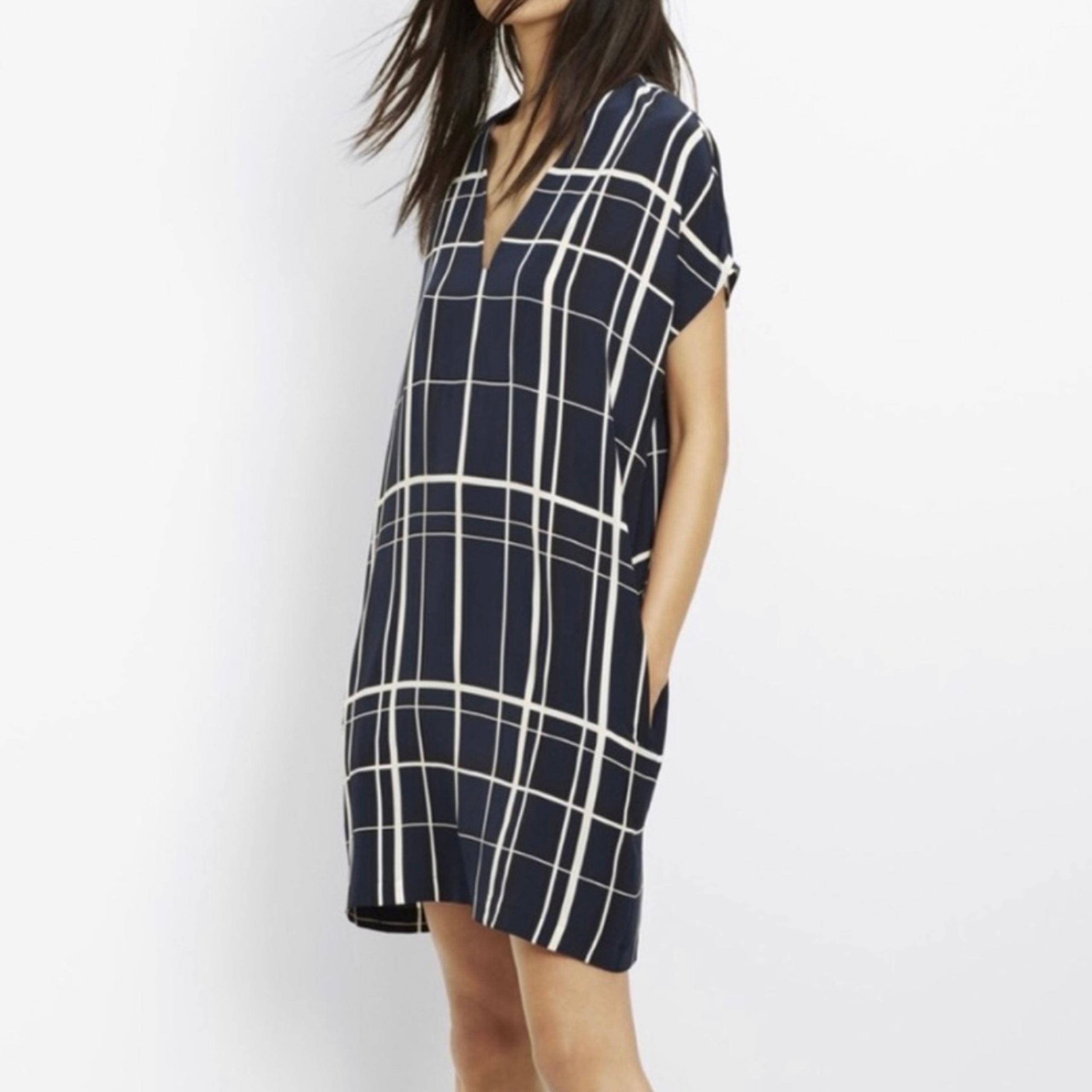 Vince 100% Silk Navy Lattice Plaid Print V-Neck Cocoon Shift Dress Women Small
