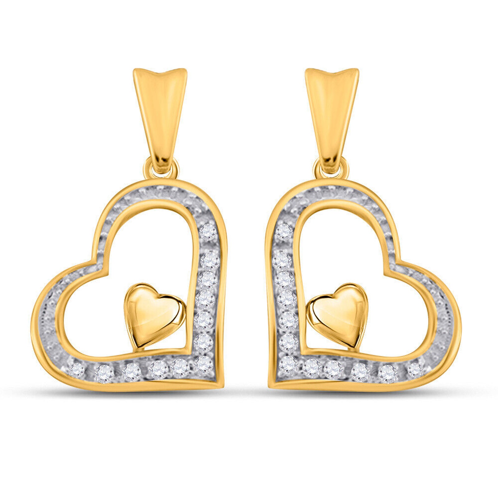 10kt Yellow Gold Womens Round Diamond Heart Dangle Earrings