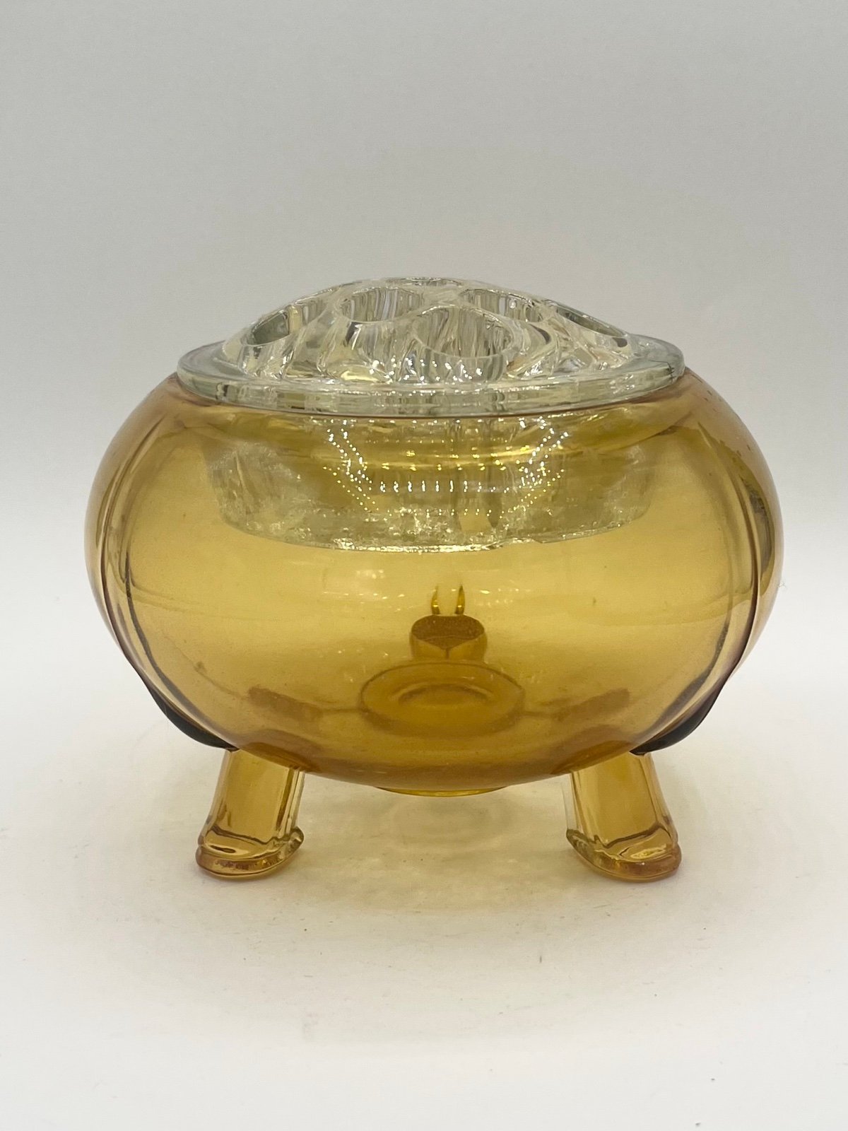 VTG Viking Flowerlite Amber Glass 3-Toed Rose Bowl Vase w/ Flower Frog MCM