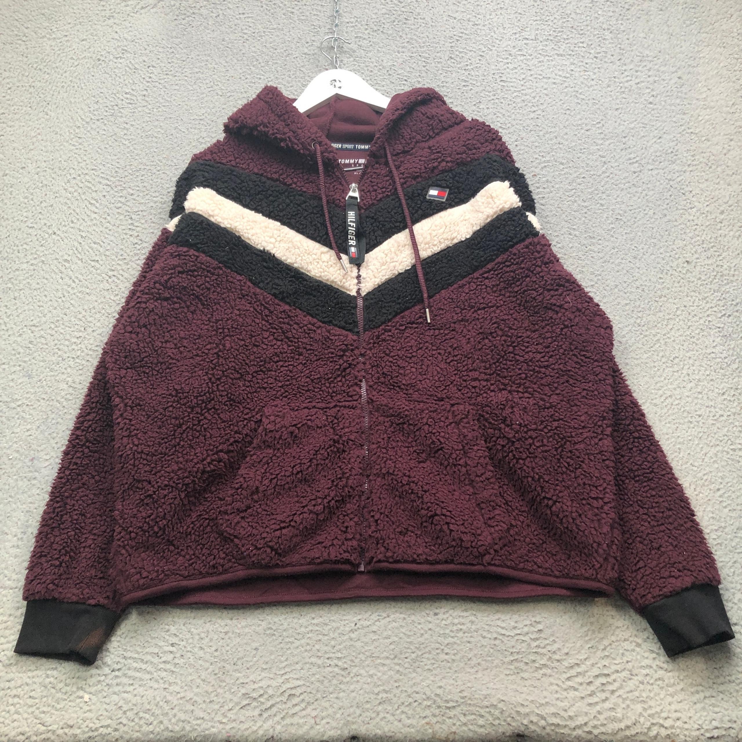 Tommy Hilfiger Sport Sherpa Sweatshirt Hoodie jacket Women's XL Full Zip Maroon