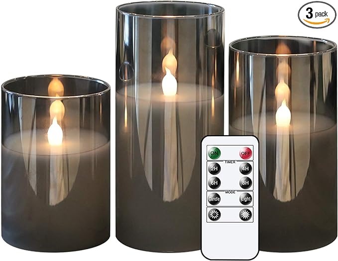 Gray Glass Battery Operated Flameless Led Candles with 10-Key Remote and Timer