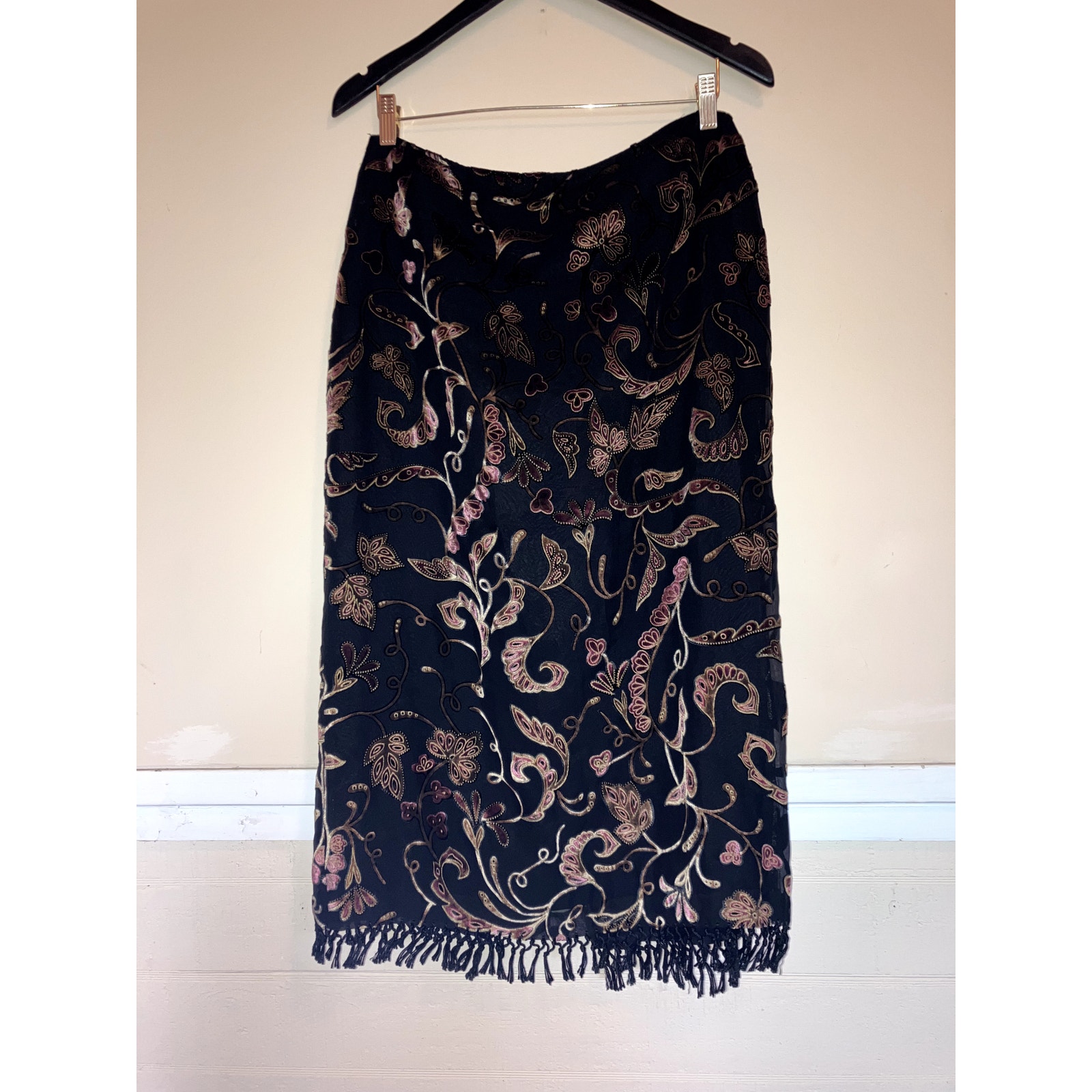 Vintage 80's 90's LILLIE RUBIN Midi Skirt w Fringe FAIRY MOODY Size 12 Black