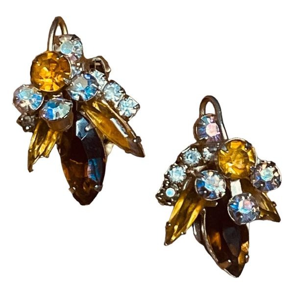 Vintage 60s Rhinestone Statement Earring Yellow Brown Gold Tone Metal Clip-On