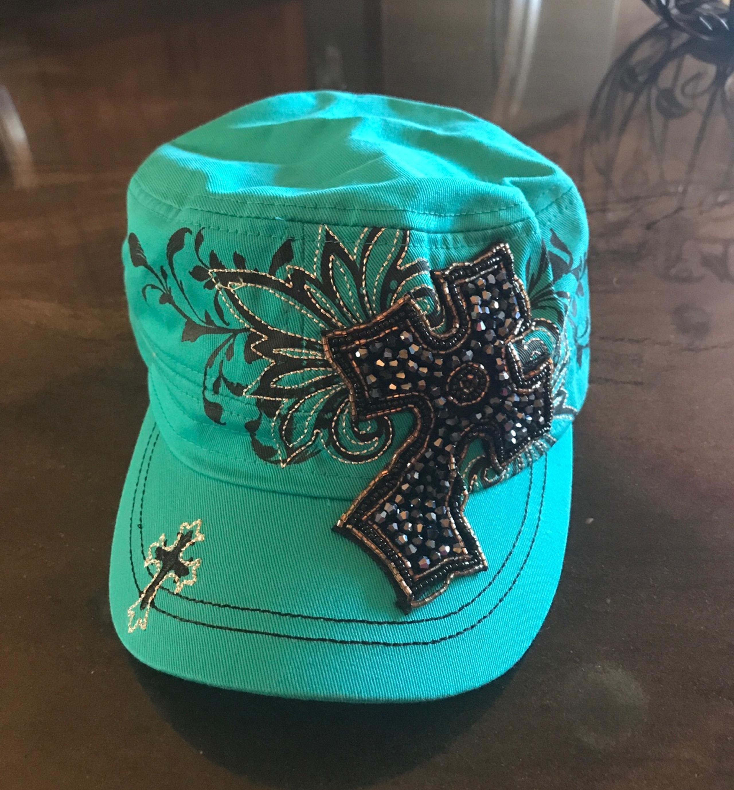 Hat teal with sparkly cross