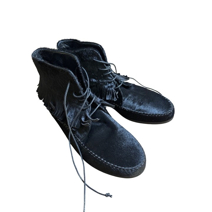 Jenni Kayne Size 37 / 7 Black Booties Fringe Ankle Boots Mocassins Lace Up Ponyh