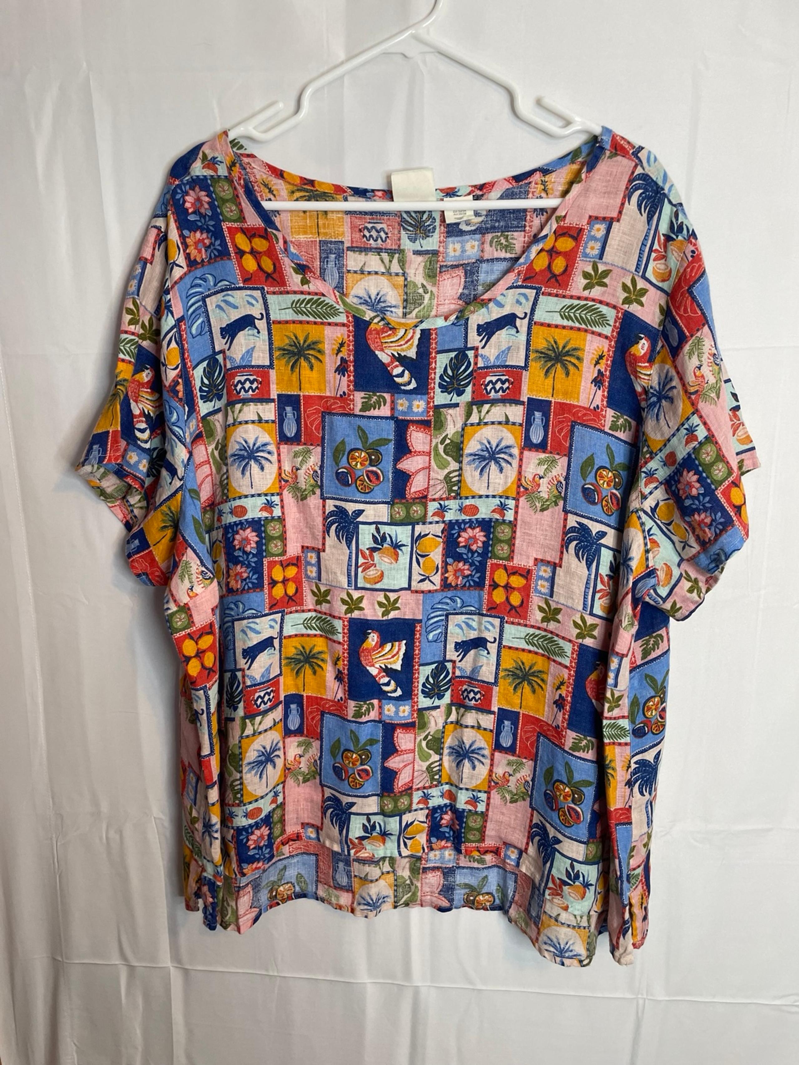 C&C California Women's Plus 3X Short Sleeve Linen Blouse Tropical Print 5022