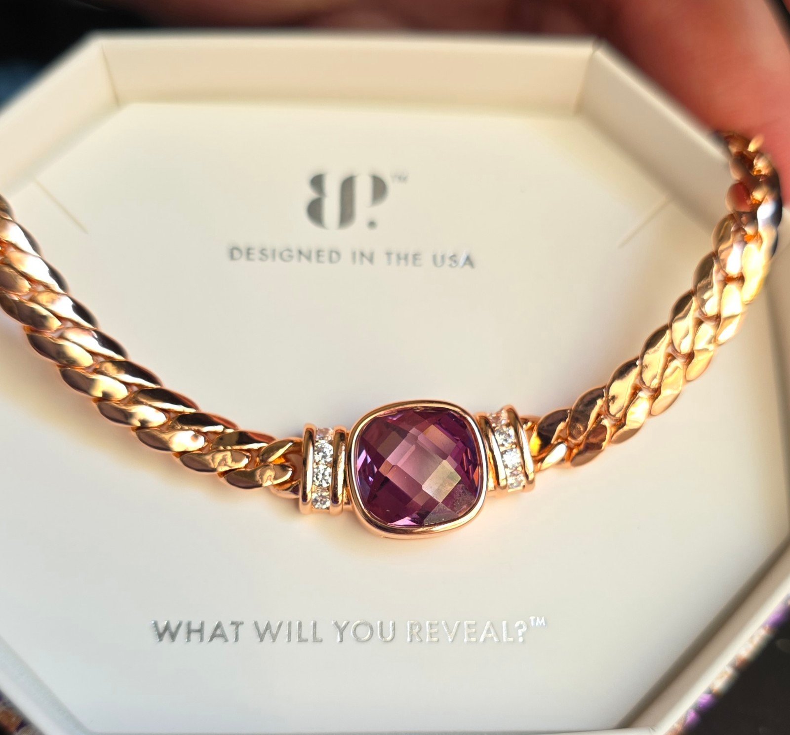 BOMB PARTY FEBRUARY 2025 NECKLACE.  AMETHYST CZ ON ROSE GOLD