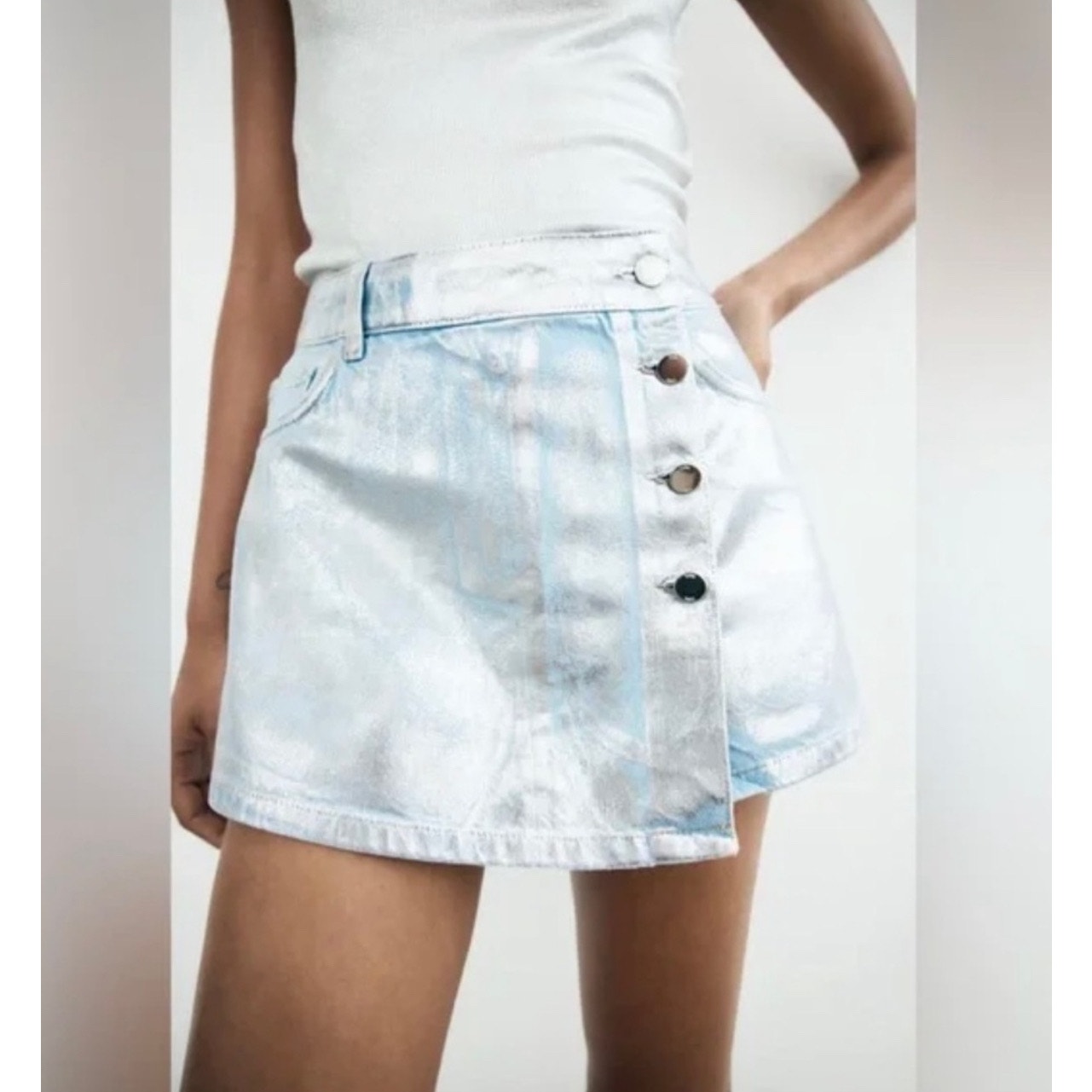 Zara Foil Cotton Light Denim Metallic Mini Skirt Skort Women’s Size Large