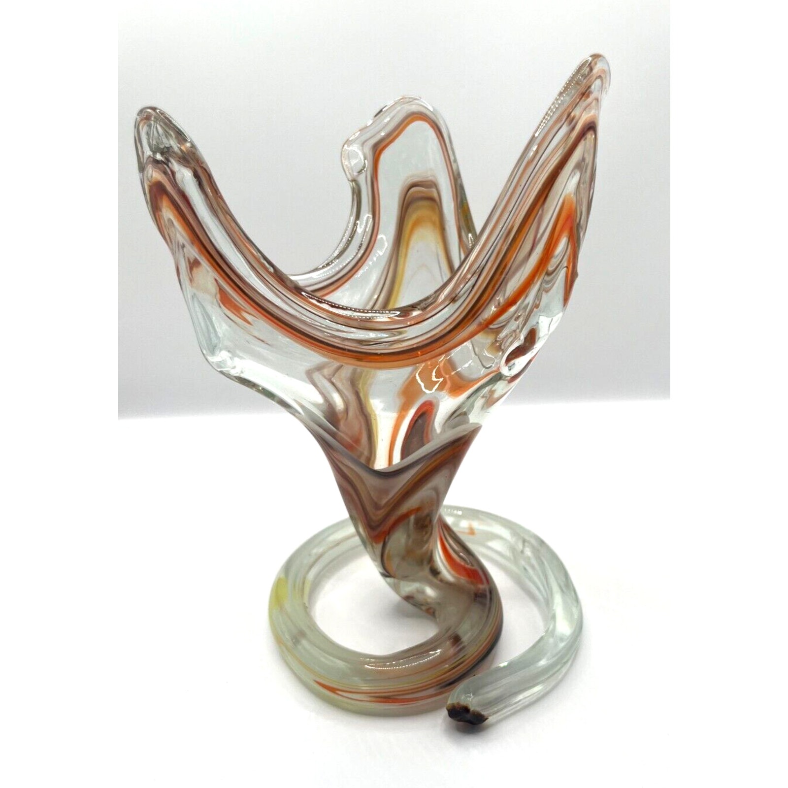 Hand Blown Orange Striped Glass Coil Vase Murano style