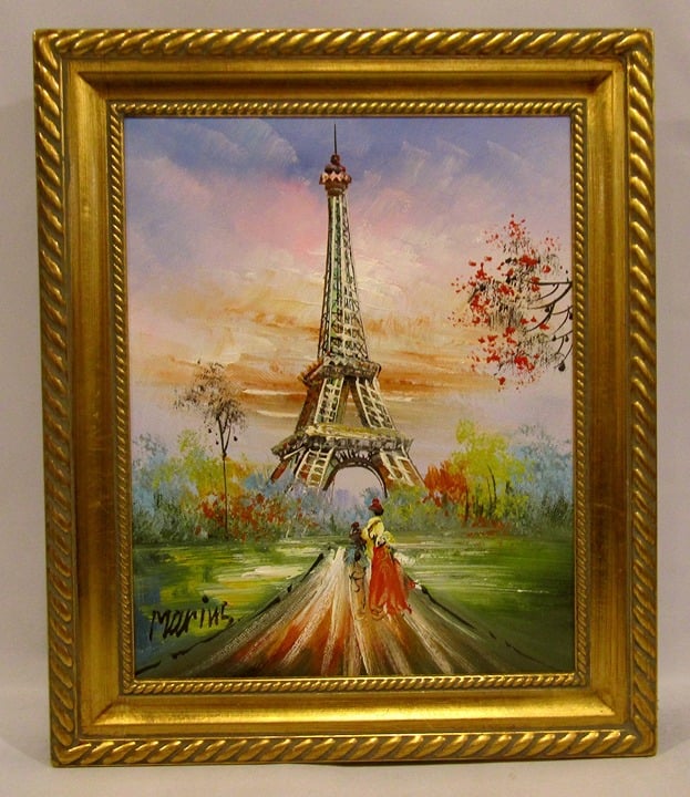 VTG Original Oil Painting on Canvas PARIS EIFFEL TOWER by Marius Gold Frame