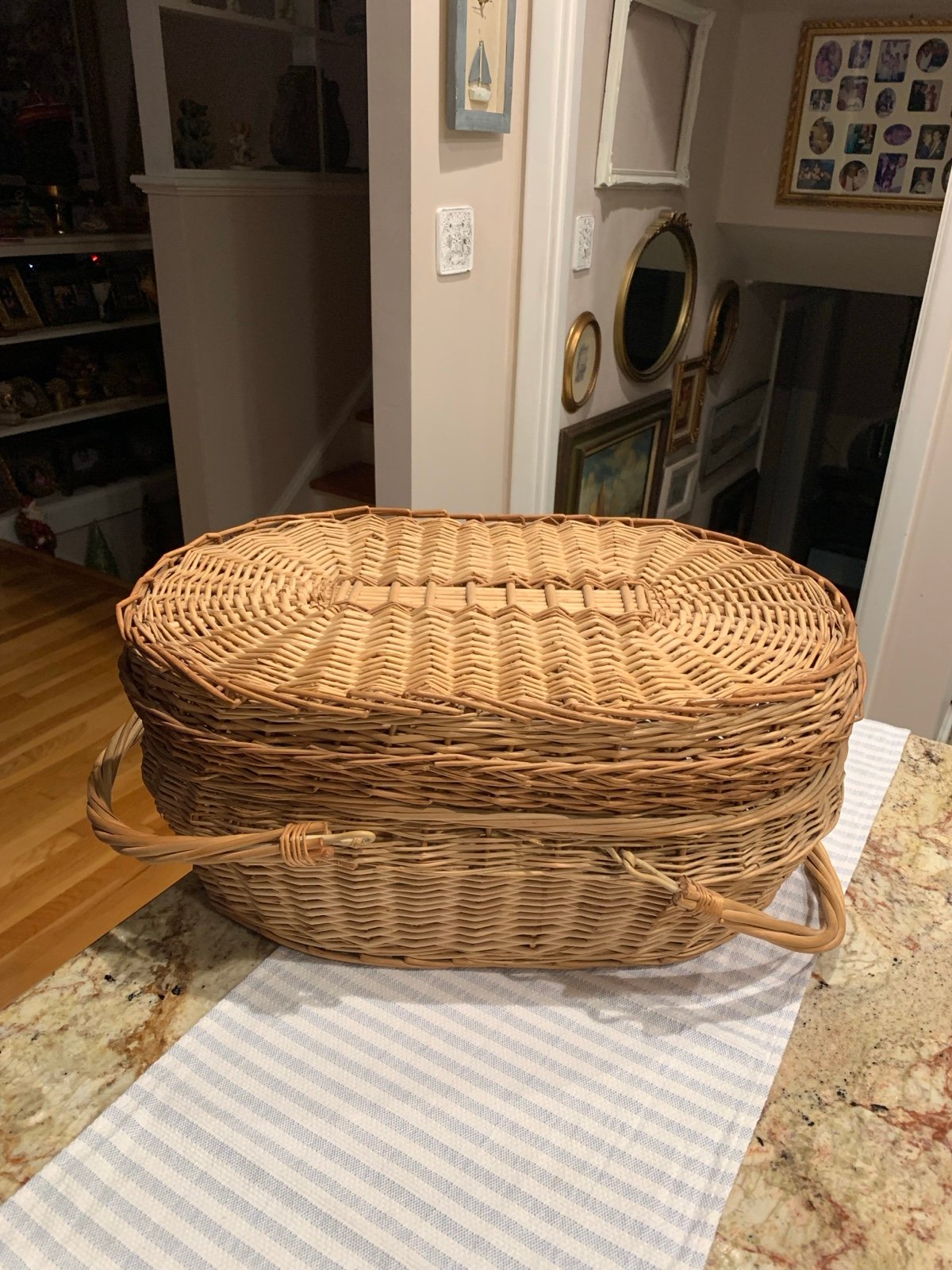 Vintage Large Oval Wicker Basket with Handles and Lid