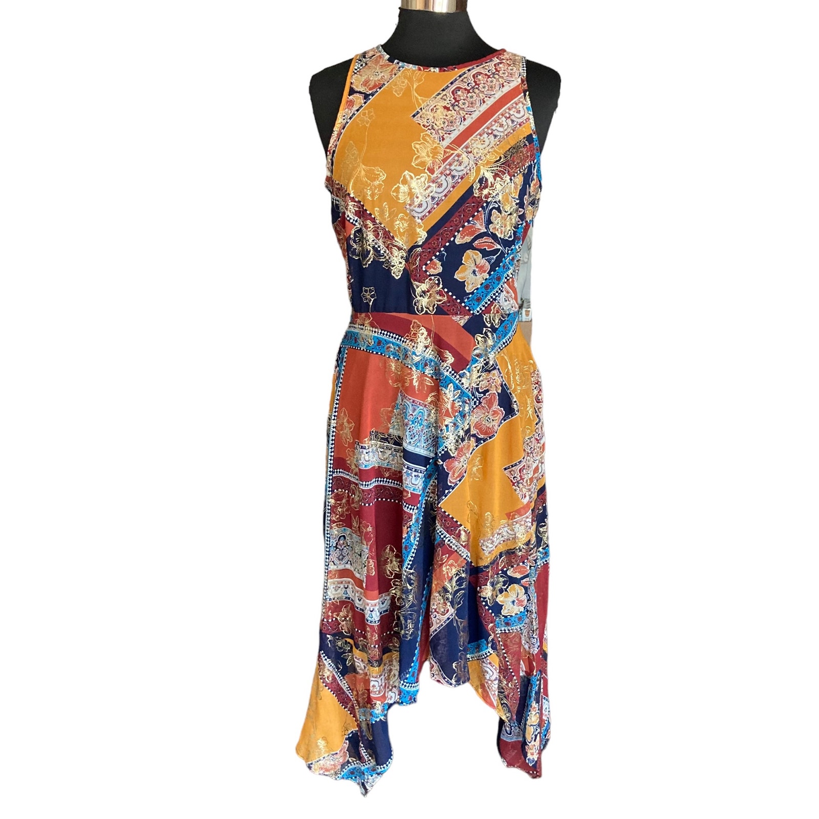 Laundry By Shelli Segal Multicolor Gold Hankerchief Hem Midi Dress Sz 10 Boho