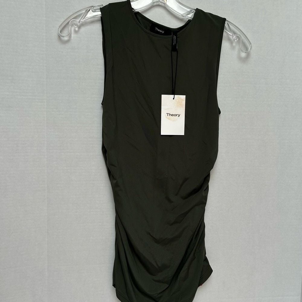 Theory NWT Ruched Shell Spanish Green Travel Jersey Stretch Sleeveless size P/XS