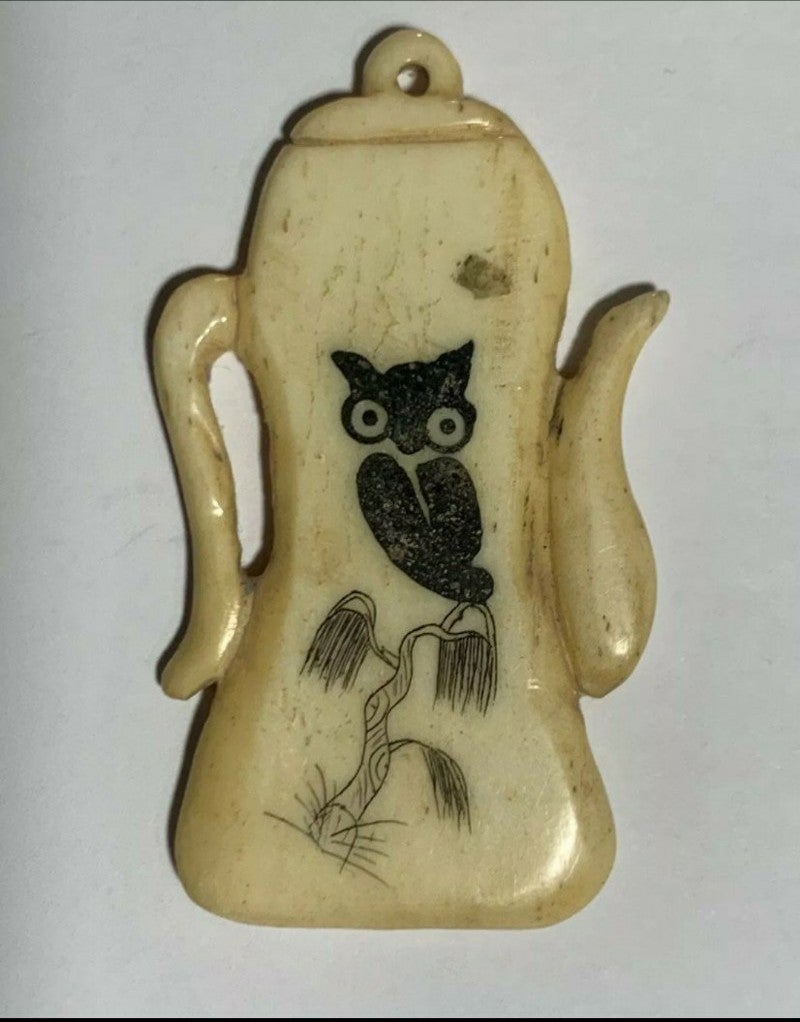 Vintage Scrimshawed Owl On Tree Teapot Pendant