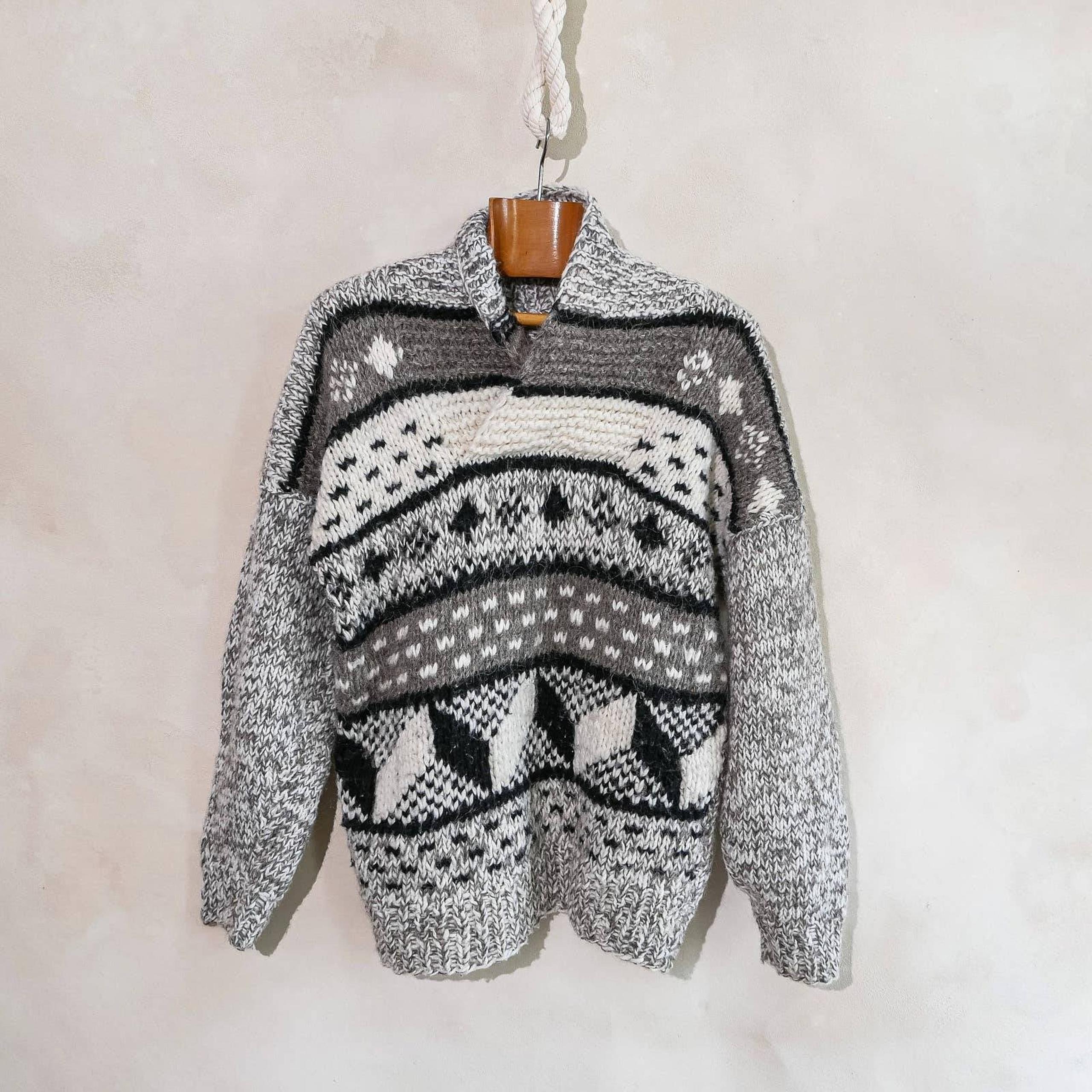 70s vintage chunky knit wool sweater shawl collar | marl abstract patterned