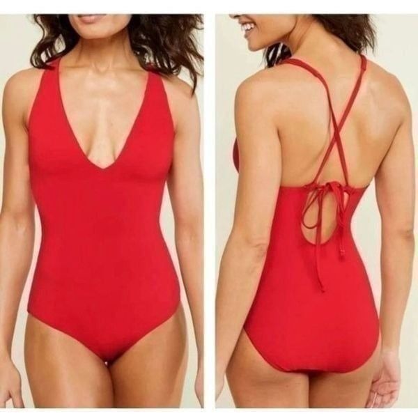 Andie Swim Bali One Piece Cherry Red Deep Plunge Padded Swimming Suit SZ MT # 14