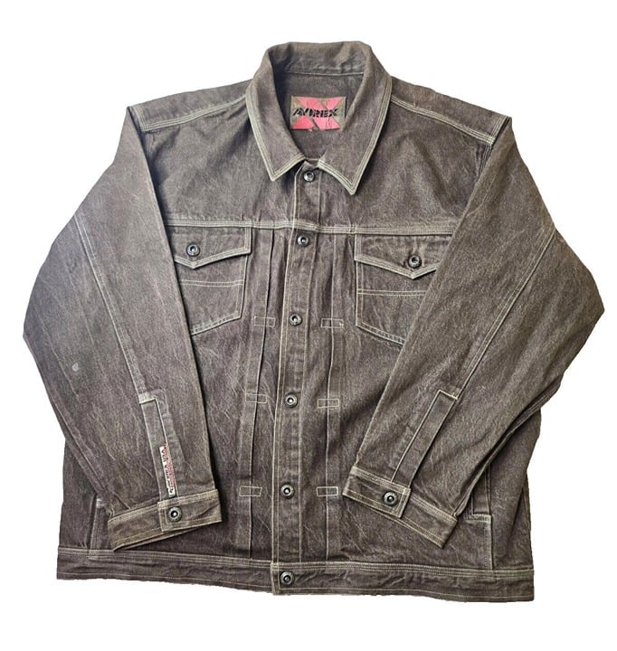 Avirex Vintage Y2K Logo Spellout Brown Denim Jacket 3XL Rap Hip Hop