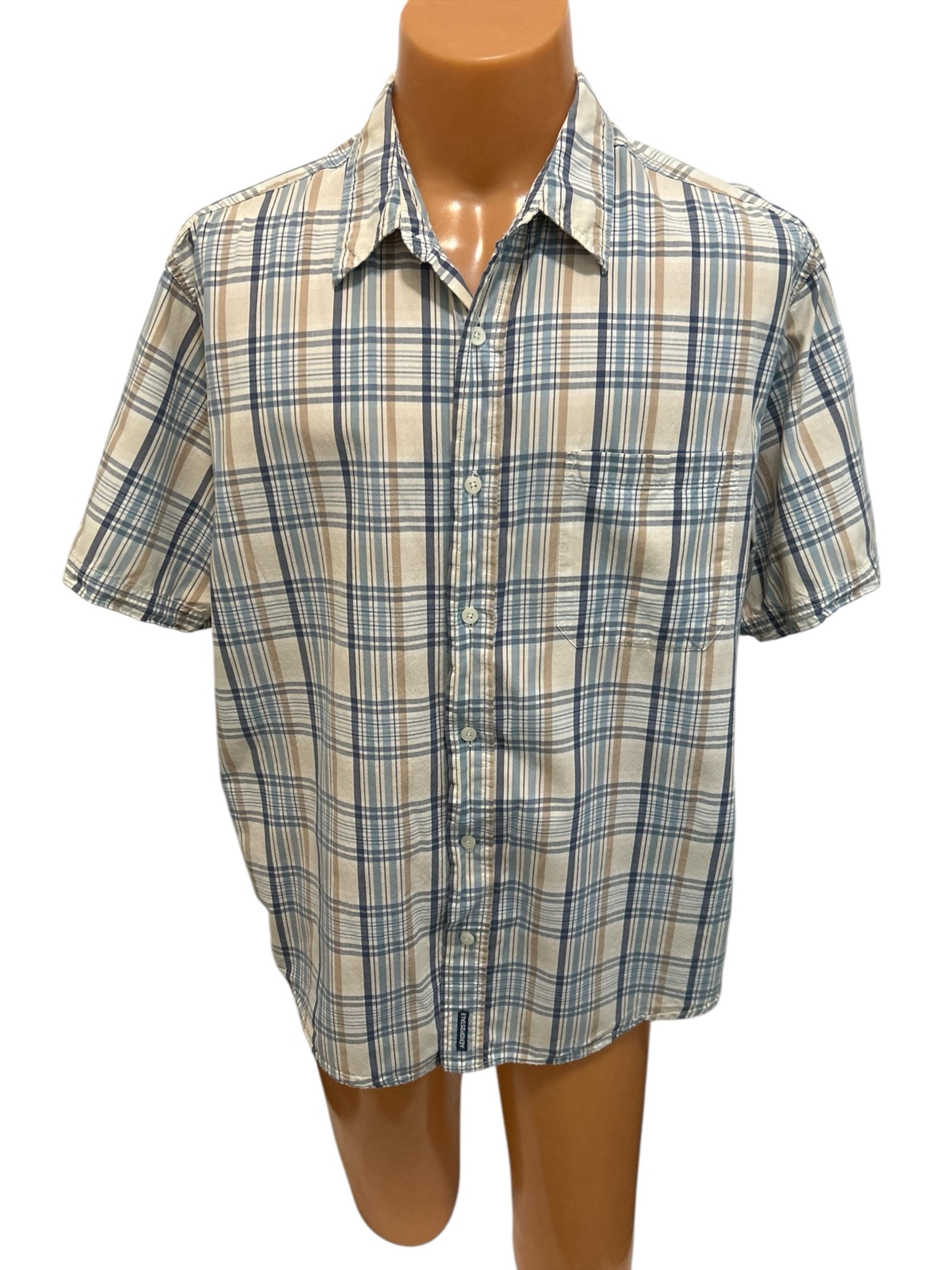 Vintage Aeropostale Men's Short Sleeve Blue & Tan Plaid Button Up Shirt 90s Camp