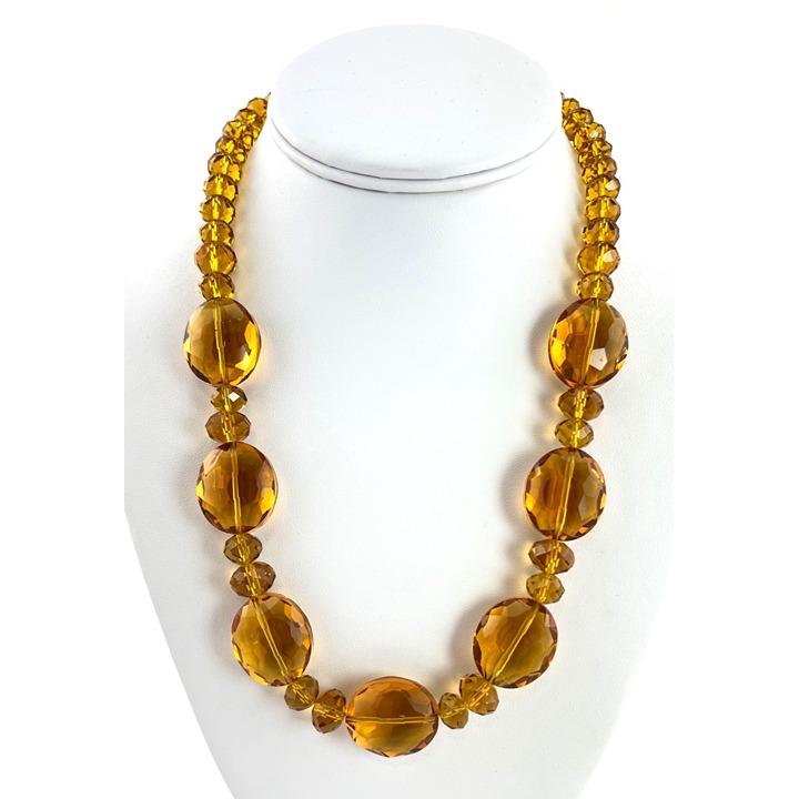 Vintage-Inspired Amber Faceted Glass Chunky Beaded Necklace Oversized Clasp