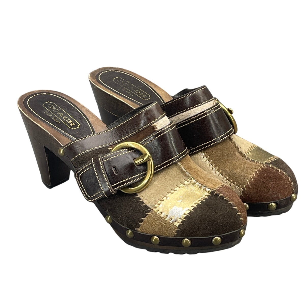 Coach Sebrina Patchwork Leather Studded Buckle 3 Heel Clog Mule Women 7M