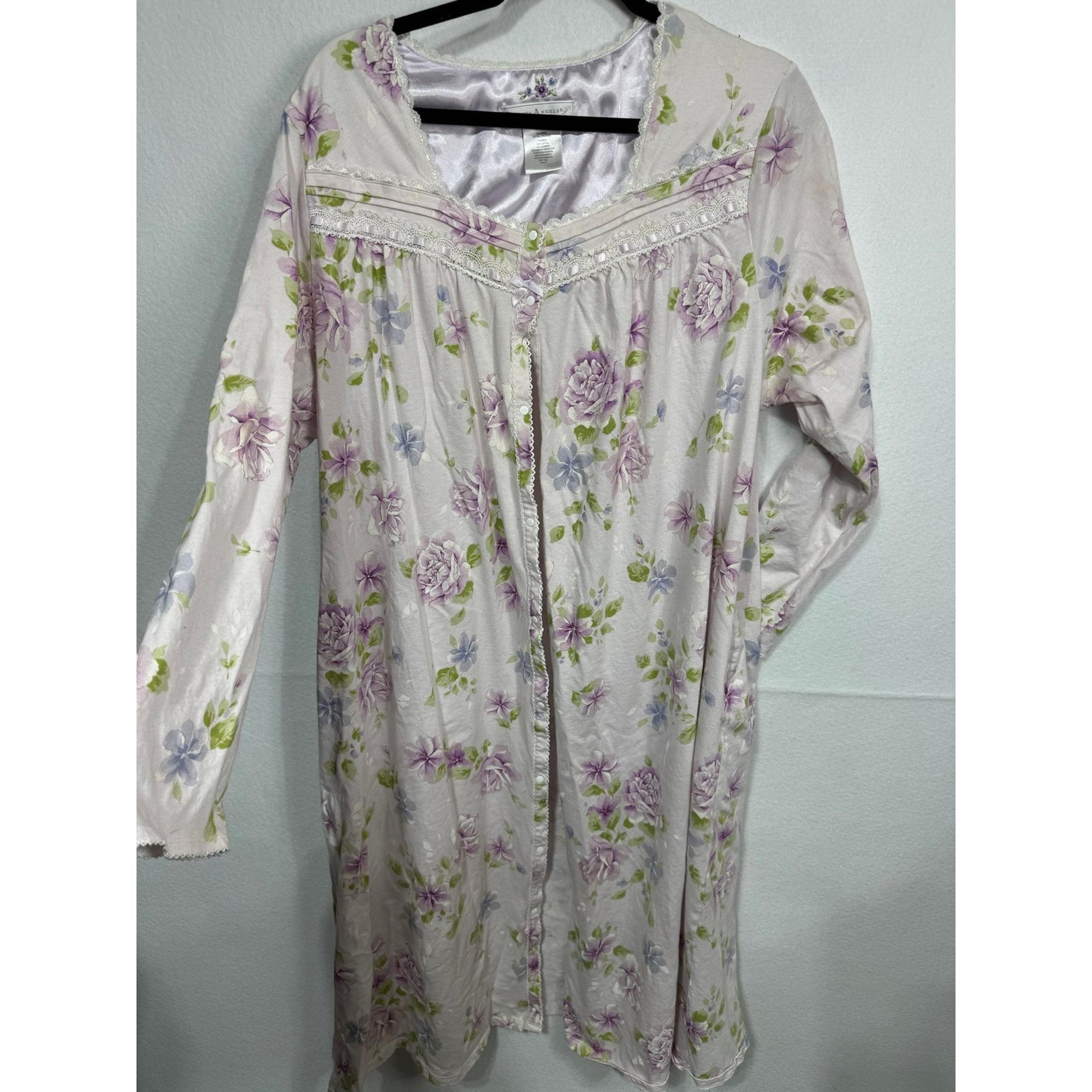 Earth Angels Vintage Satin Floral Snap Front Long Sleeve Night Gown Size XL