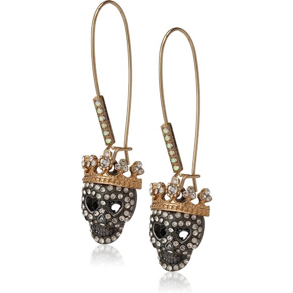 Womens Metal Pave Skull Dangle Earrings