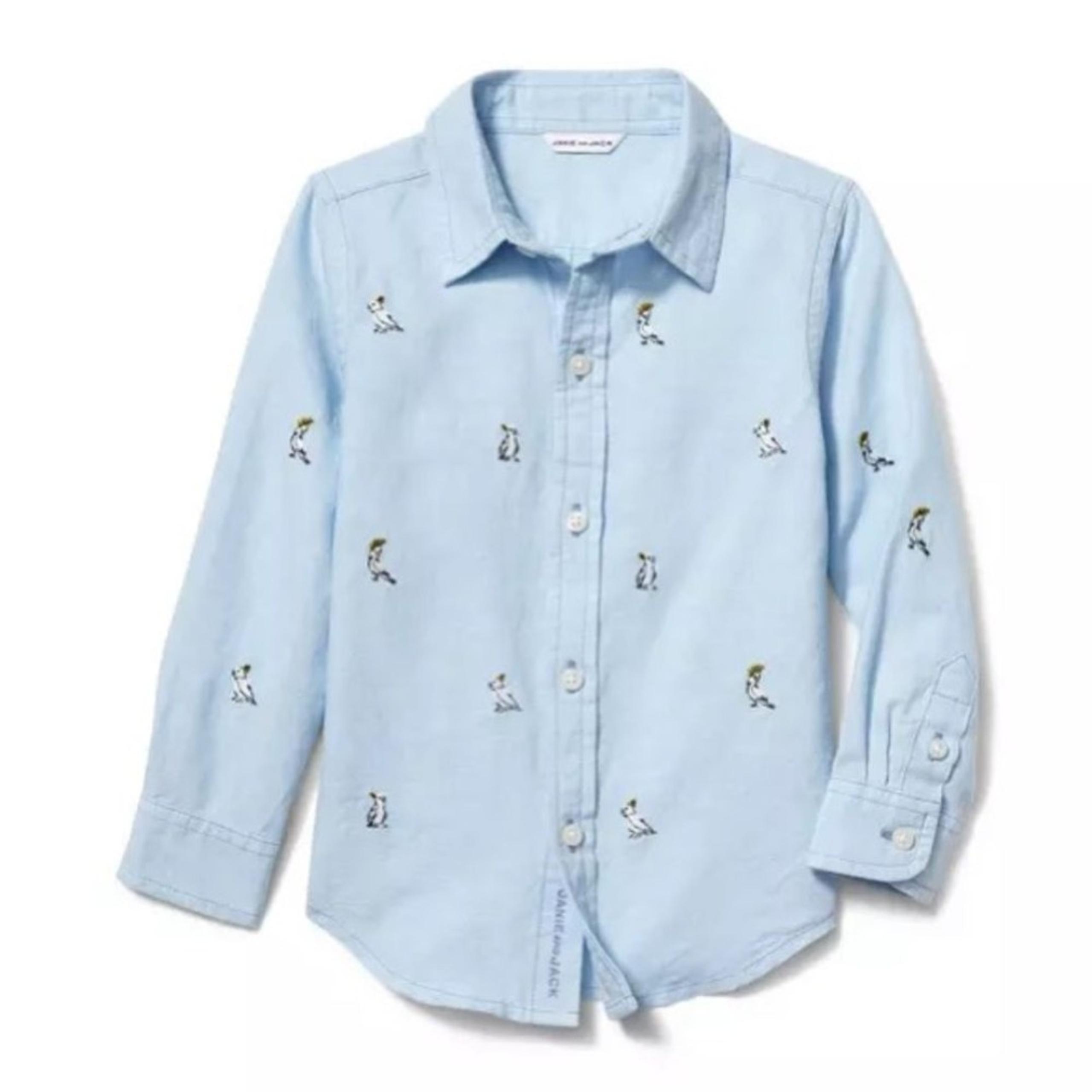 Janie and Jack Boys 2T Bird Button Down Shirt Light Blue Embroidered Linen Blend