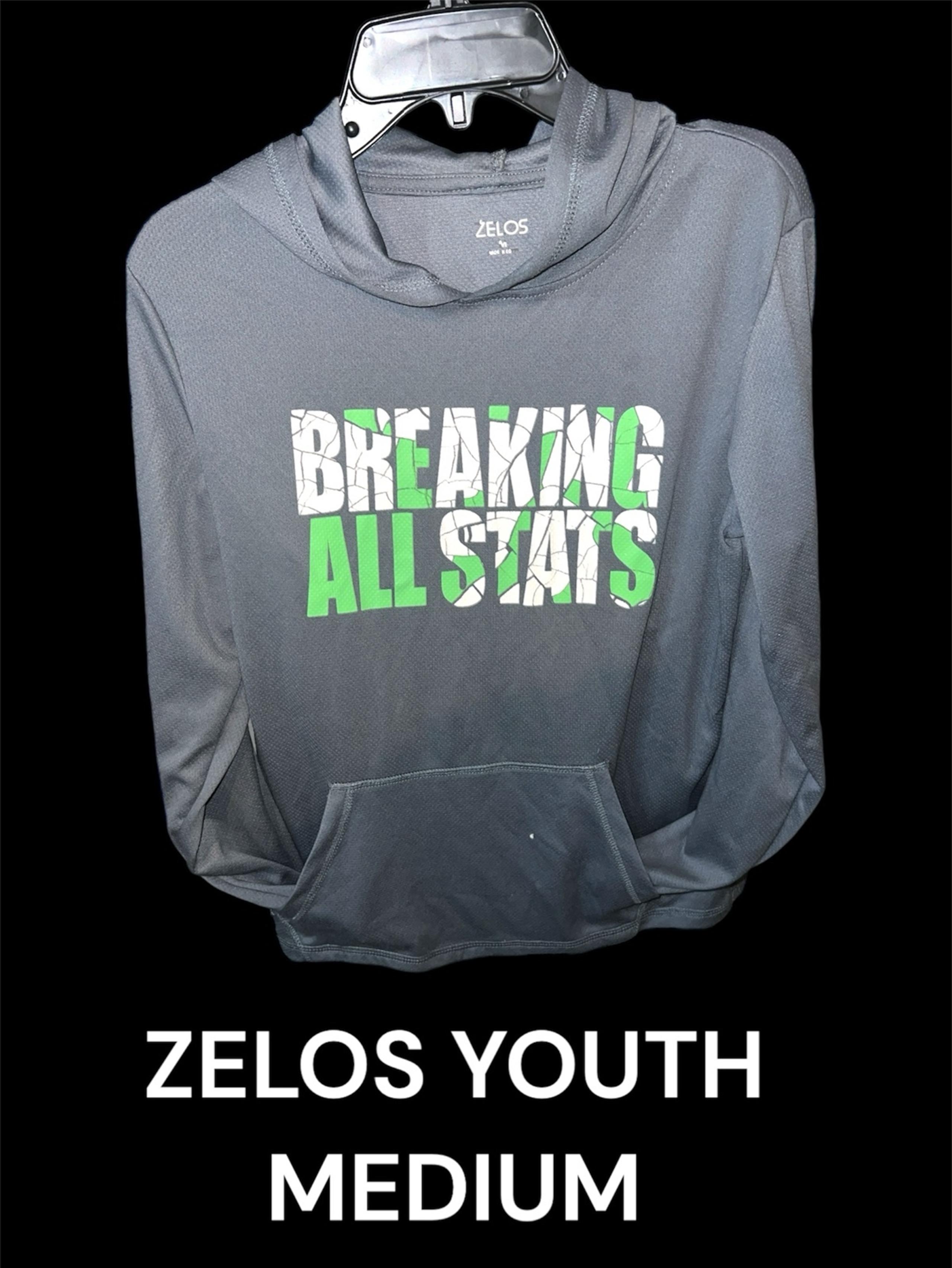ZELOS size Medium Youth Hoodie Longsleeve shirt! “BREAKING ALL STATS”