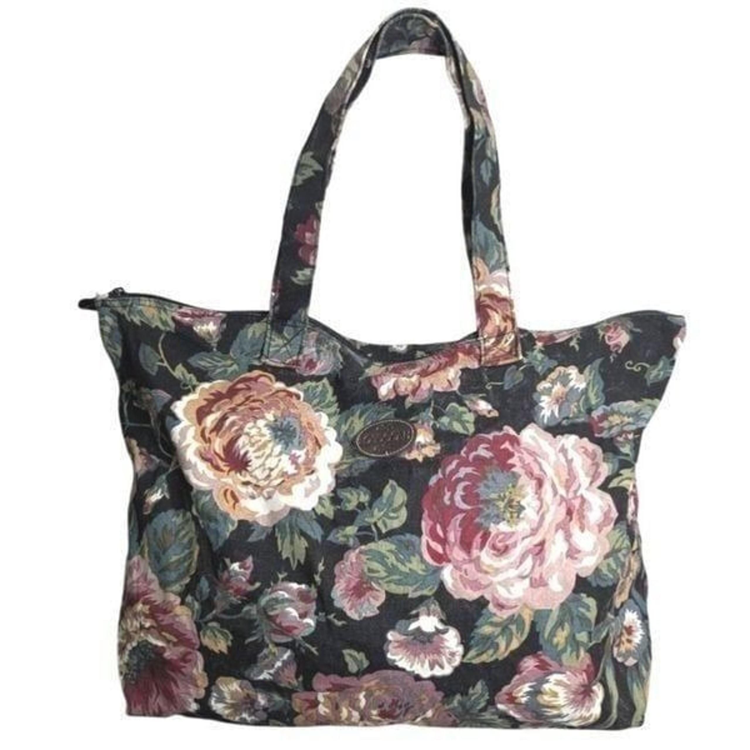 Sasson Vintage 1995 black pink multicolor rose floral large canvas tote bag