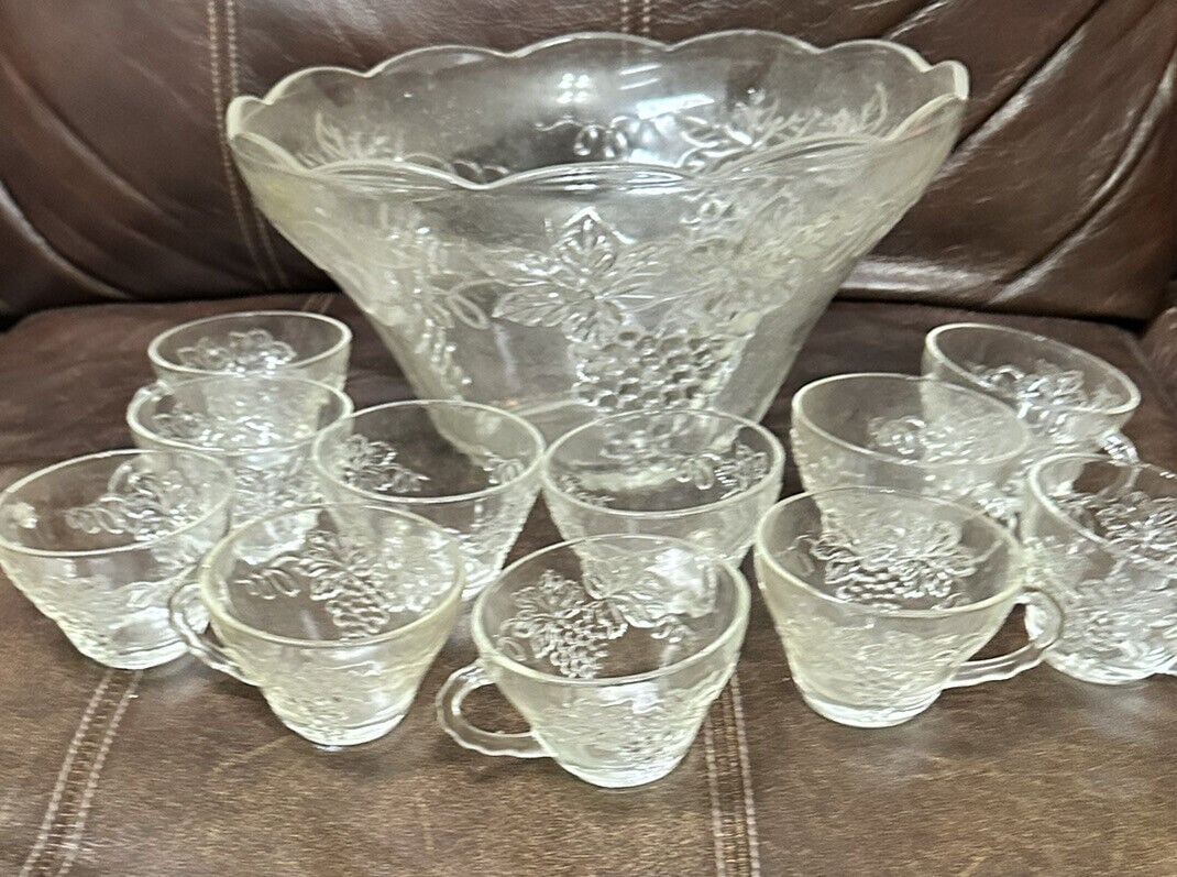 Vintage Anchor Hocking Grape Design Glass Punch Bowl with Set of 11 Cups