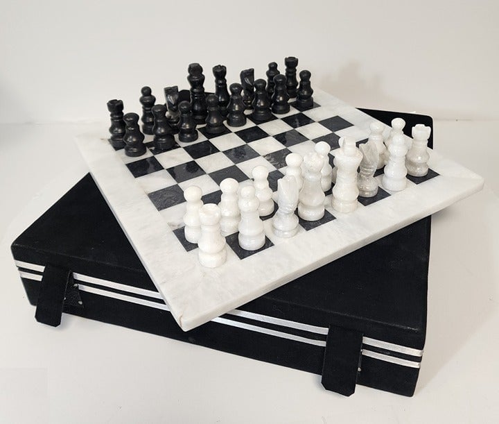 Chess Set Marble Onyx & Velvet Case 12x12 in. Black/White Handmade Imported NEW